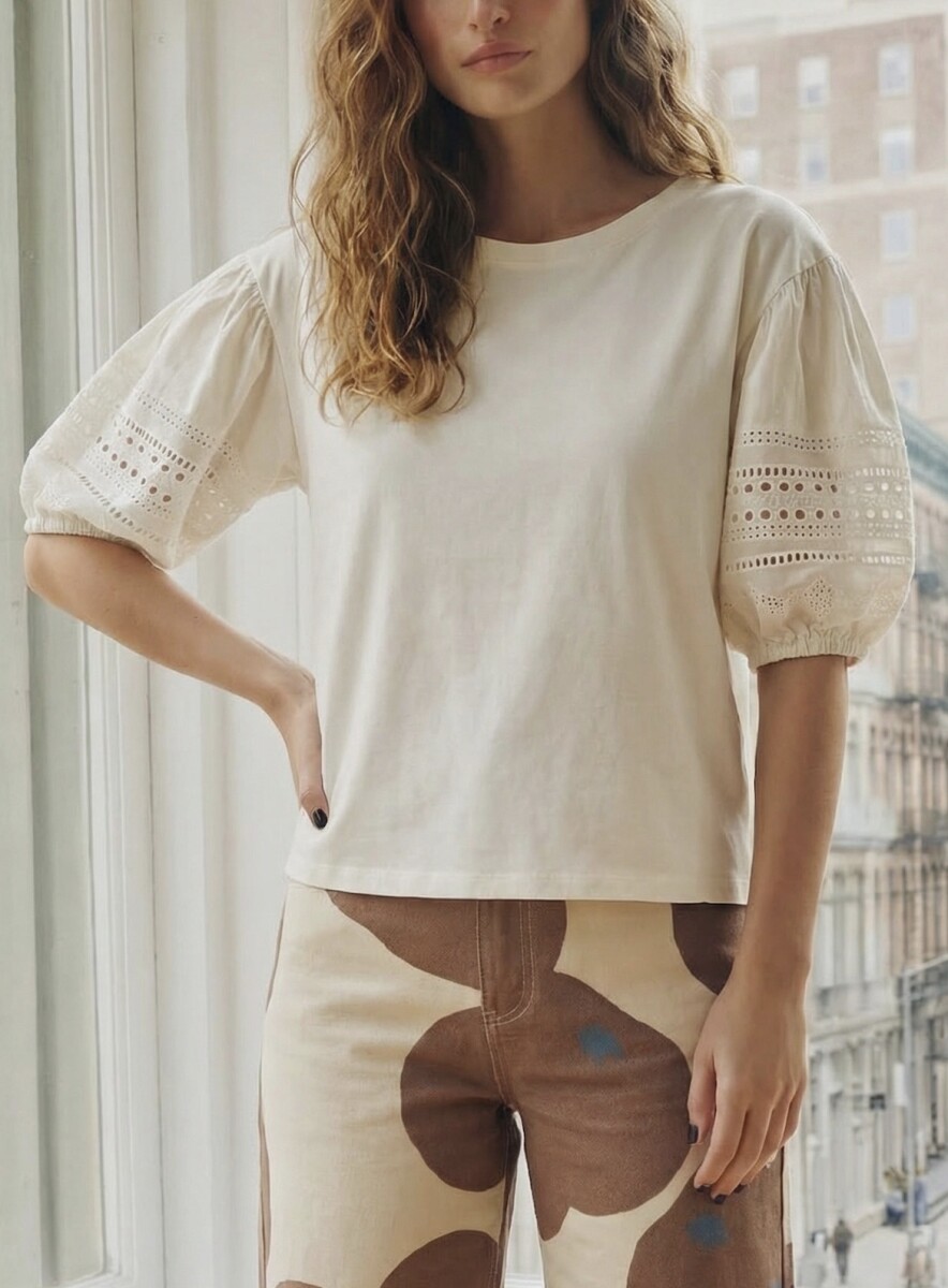 Remera Algodón Combinada - Crudo 