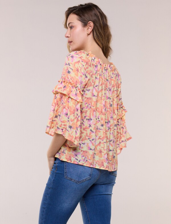 Blusa Holgada Con Escote Fruncido MULTI/ANARANJADO