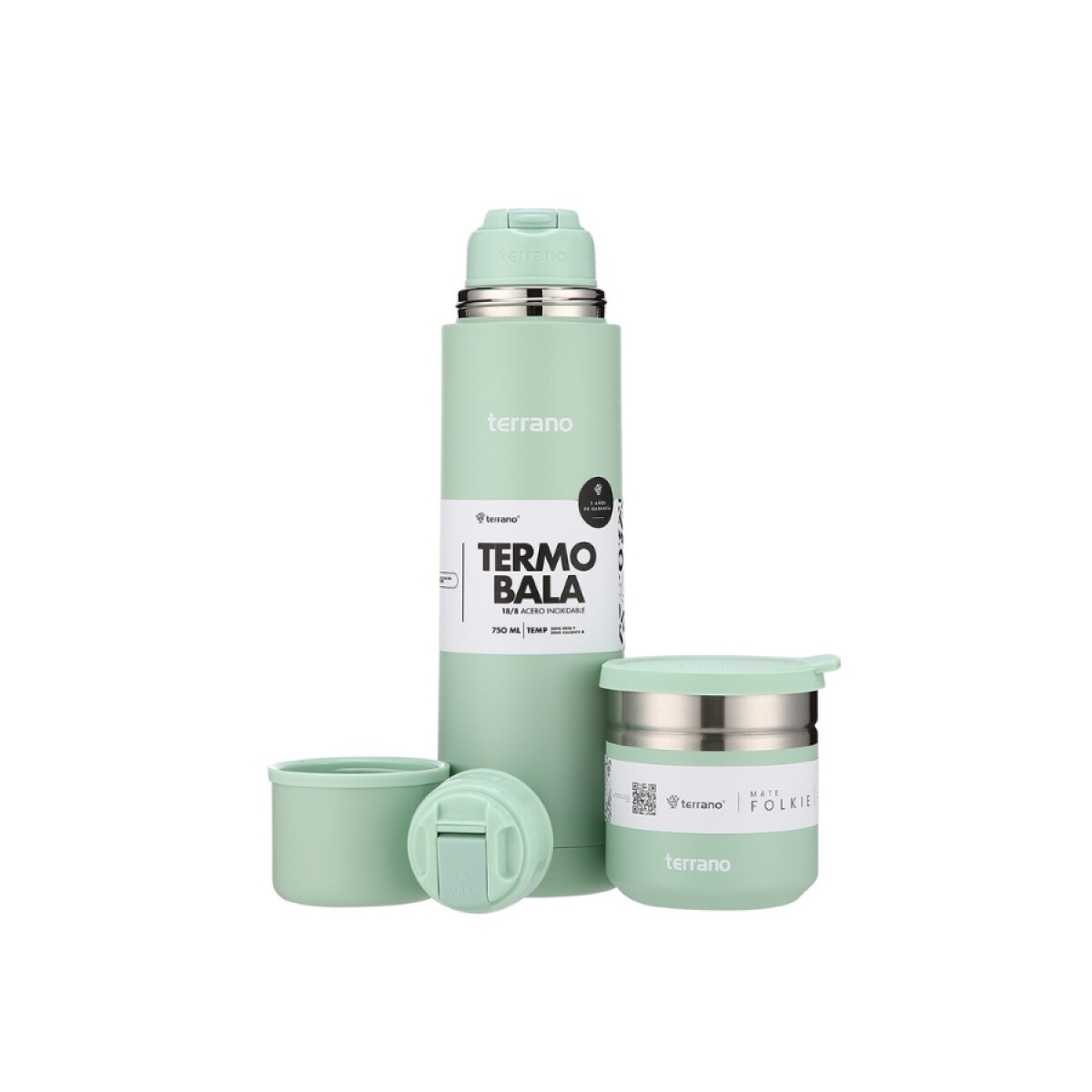 Kit termo 750ml bala + mate folkie verde agua 
