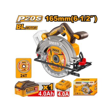 Sierra Circular Inalámbrica INGCO CSLI16523 20V Brushless 165 mm con Batería 4.0Ah y Cargador Sierra Circular Inalámbrica INGCO CSLI16523 20V Brushless 165 mm con Batería 4.0Ah y Cargador
