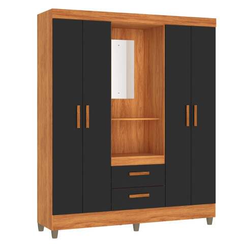 Ropero Vetro 4 Puertas 2 Cajones con Espejo, Perchero y Tocador 150cm MDP - Cinamomo Negro Ropero Vetro 4 Puertas 2 Cajones con Espejo, Perchero y Tocador 150cm MDP - Cinamomo Negro