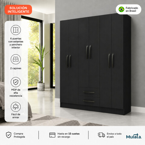 Ropero Armario 6 puertas 2 cajones con estantes y perchero interior natural 172X136X35 - Negro Ropero Armario 6 puertas 2 cajones con estantes y perchero interior natural 172X136X35 - Negro