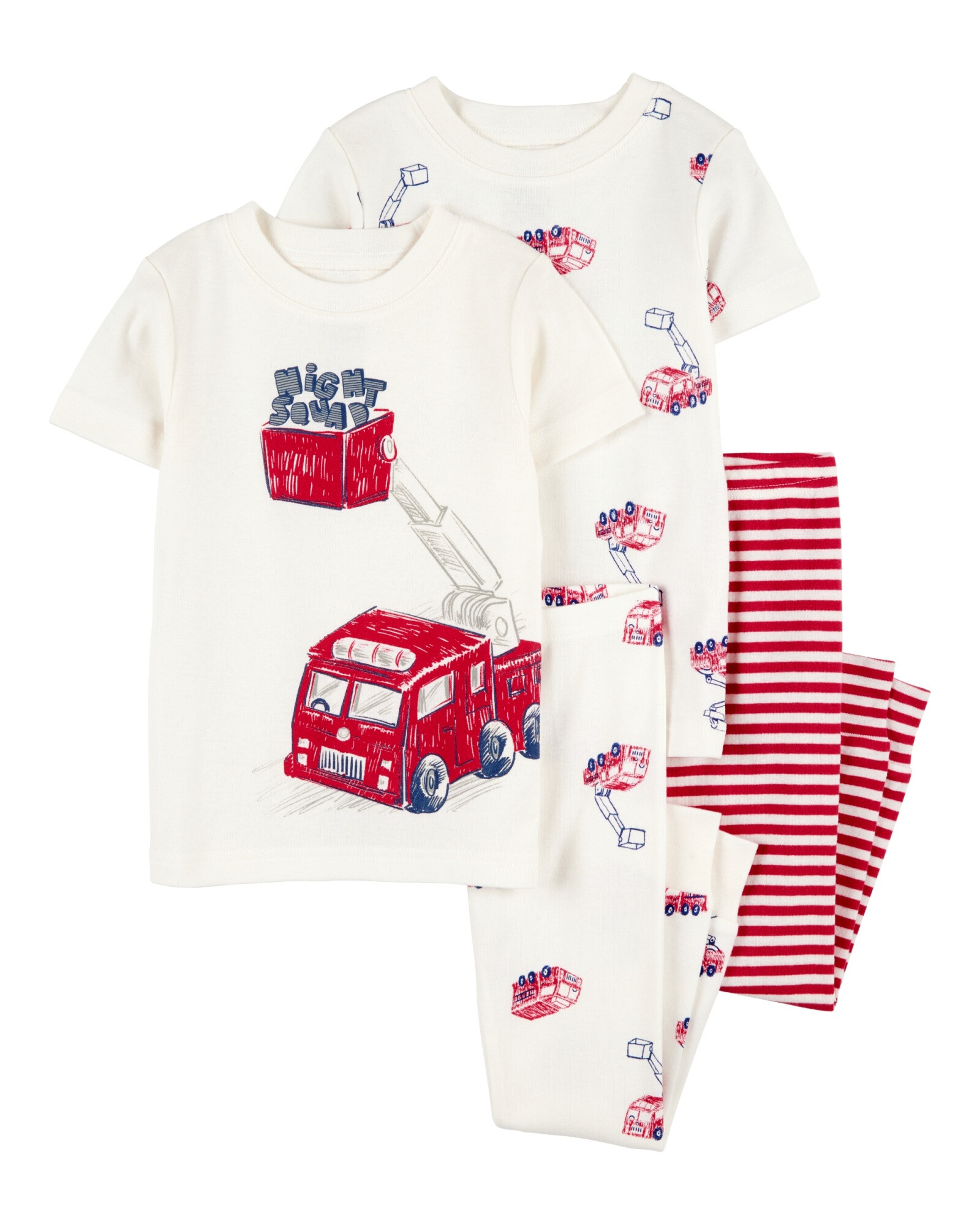 Pijama cuatro piezas de algodón, dos pantalones y dos remeras, diseño bomberos Sin color
