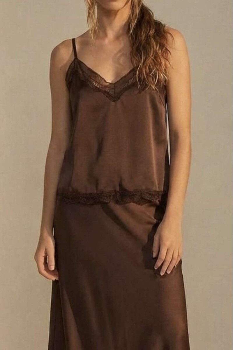 Blusa Satinada Con Encaje - Chocolate 