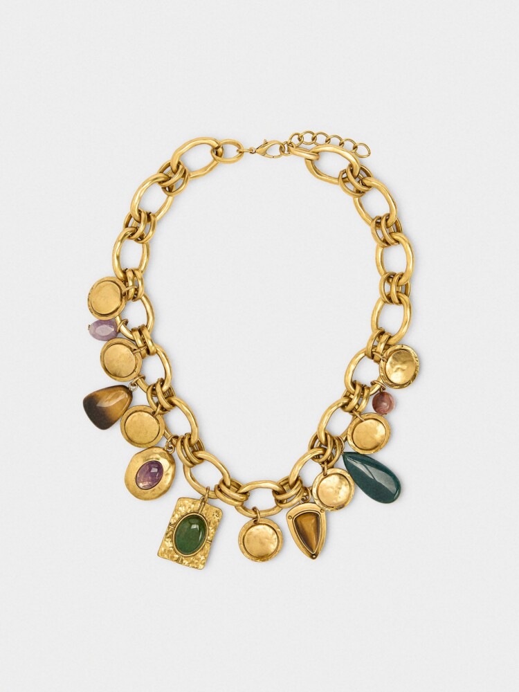 Collar Corto De Eslabones Y Colgantes Con Piedras multicolor