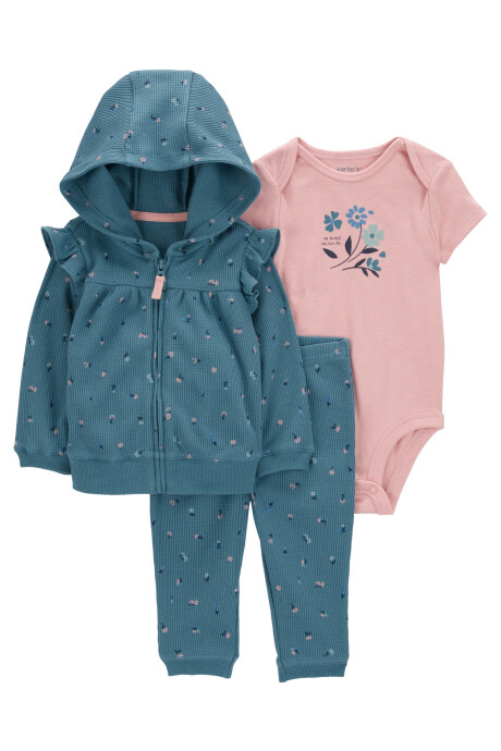 Set tres piezas de algodón, campera y pantalón térmicos, más body, diseño floral Sin color