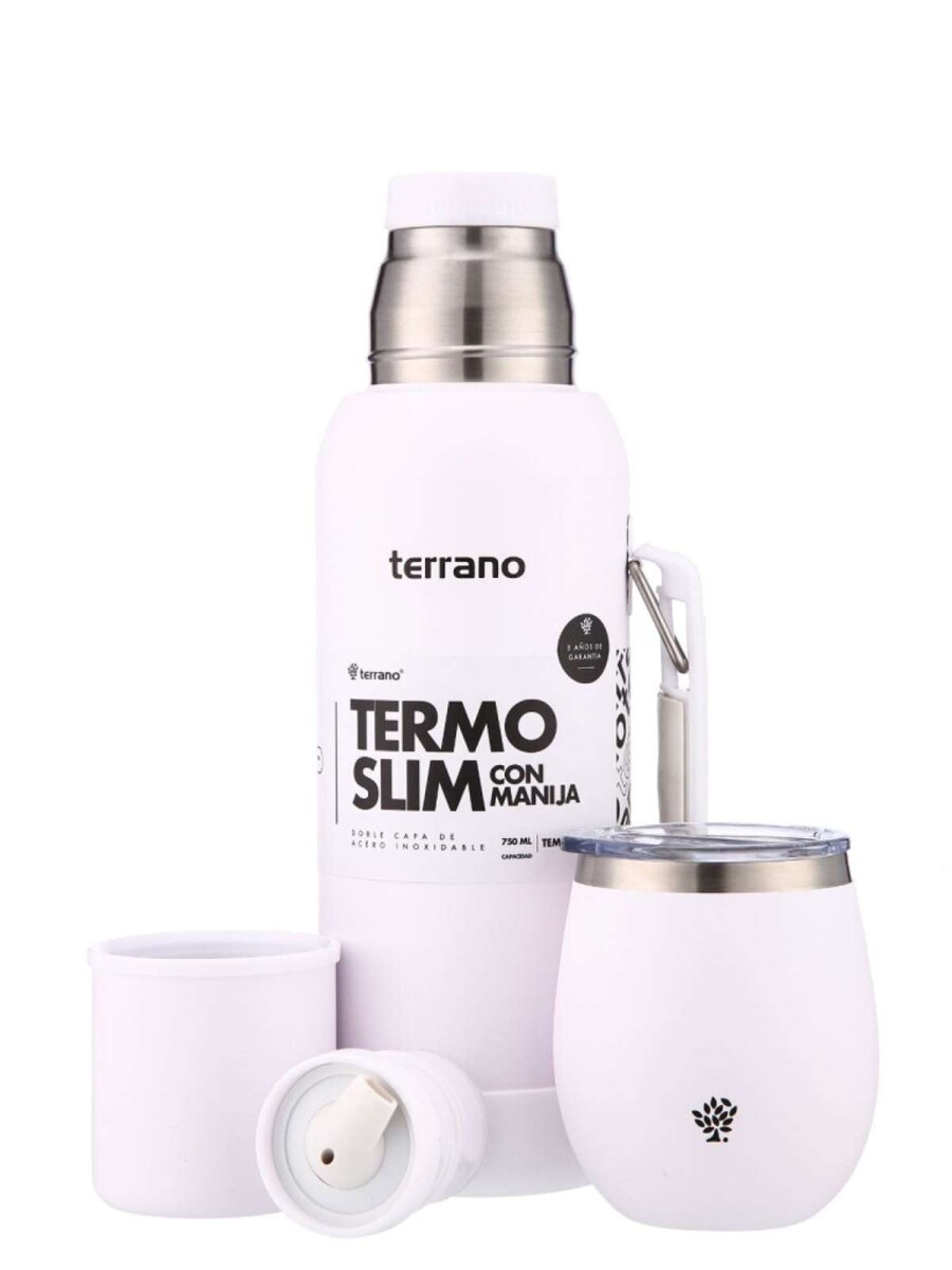 Kit Termo 750Ml. Slim Con Manija + Mate De Acero Con Tapa - Blanco 