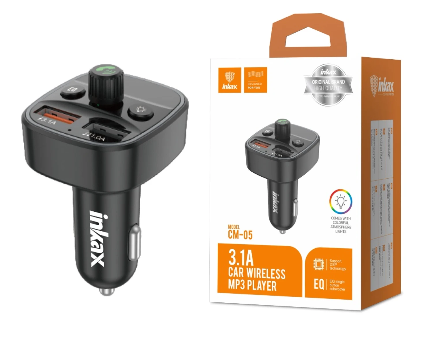 Cargador Auto Inkax USB-AX2 3.1A 15W MP3 / Fm / Bt 