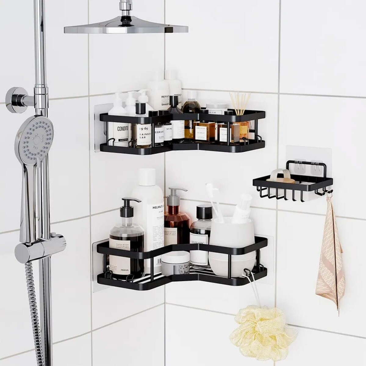 Set 2 esquineros organizadores de ducha + jabonera autoadhesivos 