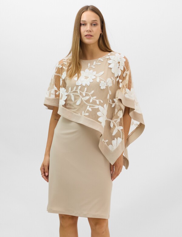 Vestido Midi Con Capa De Tul Bordado BEIGE