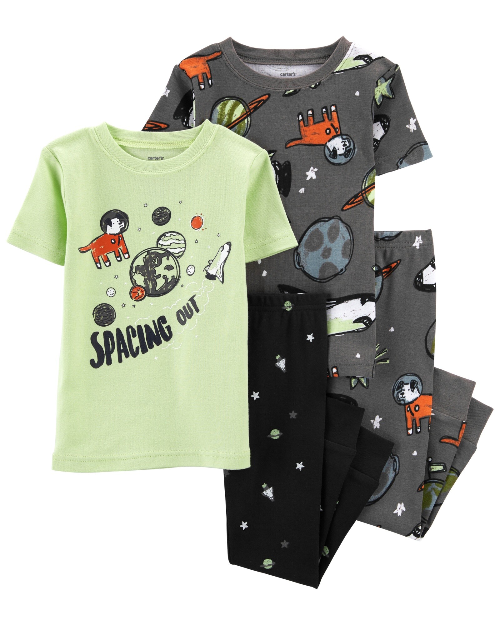 Pijama cuatro piezas de algodón dos remeras y dos pantalones, diseños espaciales Sin color
