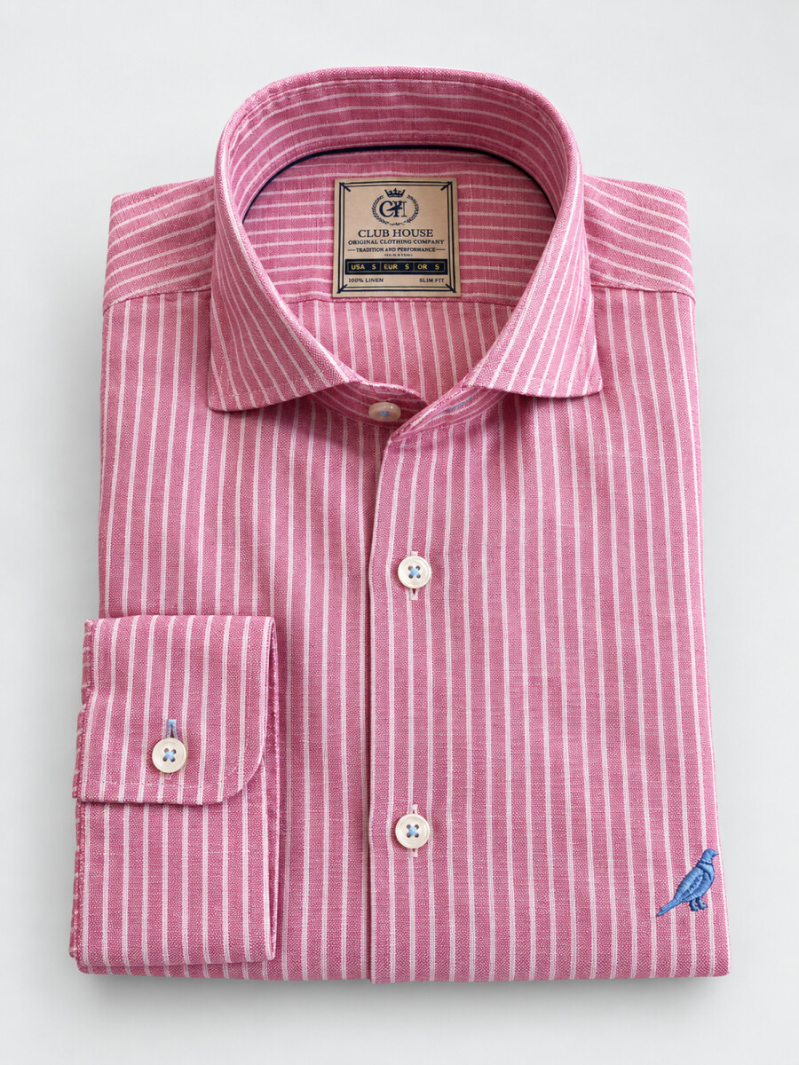 Camisa Lino Hudson Collar - Rayas Rosa Coral 