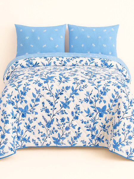 ACOLCHADO FLORAL CON FUNDAS 2 PLAZAS AZUL PIEDRA