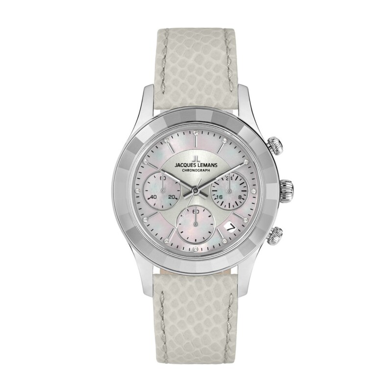 Reloj Jacques Lemans 1-2151B Venice cronógrafo con correa de cuero blanco Blanco