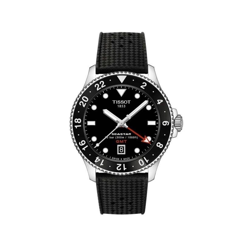 Reloj Tissot T1208521705100 Seastar 1000 Quartz GMT para hombre de silicona Negro