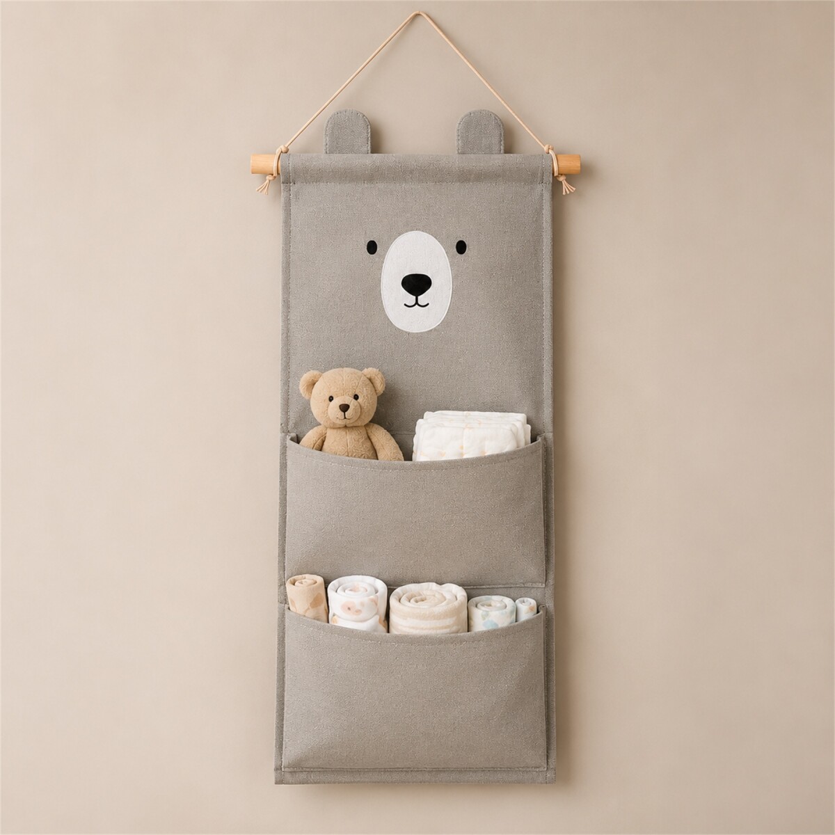 Organizador Colgante Osito Con 3 Bolsillos Para Bebé 60x20cm - Gris 1 