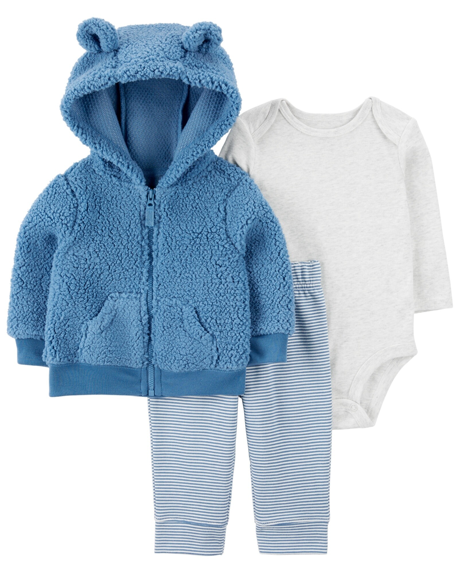 Set tres piezas, campera de sherpa, pantalón y body de algodón, diseño oso Sin color