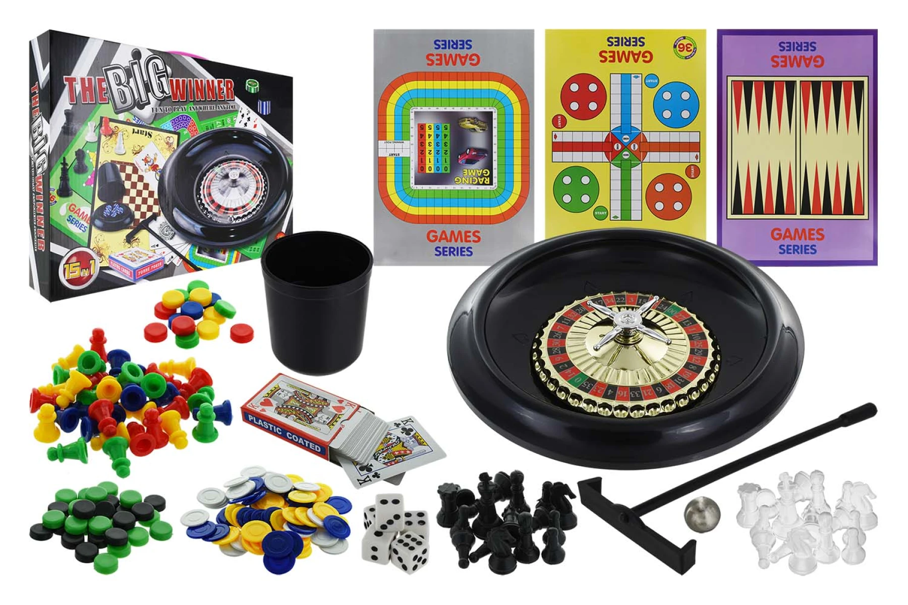 JUEGO MESA 15EN1 168PCS + RULETA + 12 CARTONES + 1 MAZO CARTAS 1631-6201 