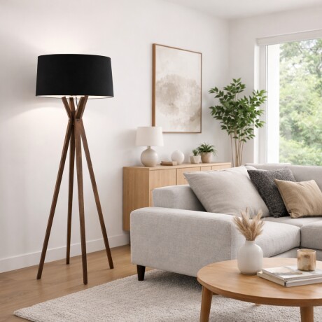 Luminaria de pie pantalla negra y madera E27 147cm Luminaria de pie pantalla negra y madera E27 147cm