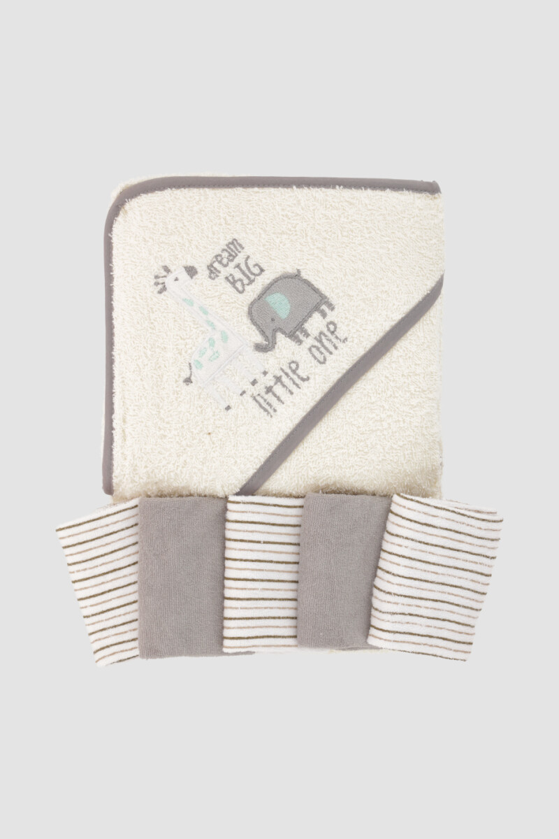 Toalla con capucha + 5 babitas bebe jirafa Gris