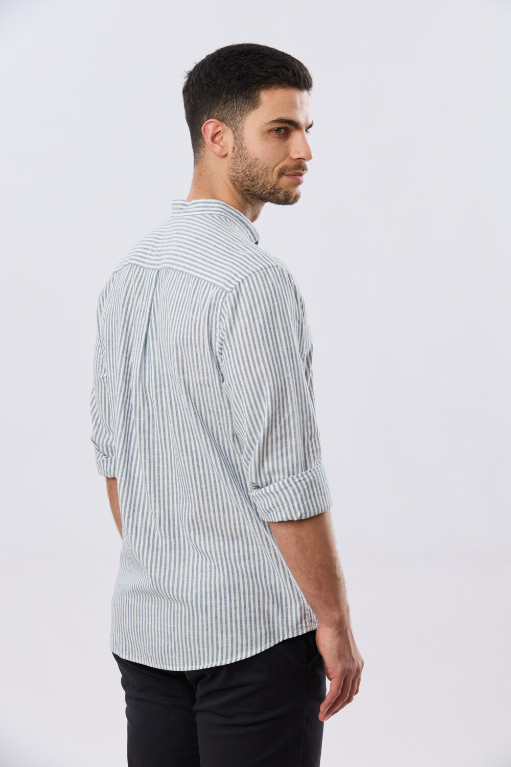 CAMISA RAYADA DE LINO CUELLO MAO Denim