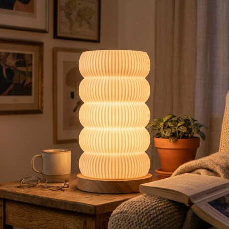 Lámpara veladora Anillos con base en madera - 12x22cm Blanco