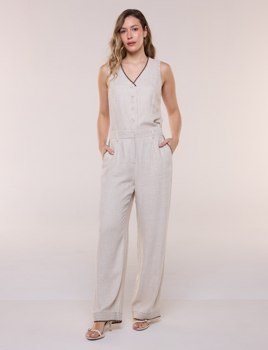 Pantalón Wide Leg De Lino Con Detalles A Contraste - Beige 