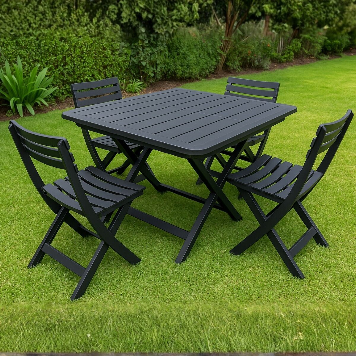 Set x4 Silla Plegable Simil Madera + Mesa Plegable - NEGRO 