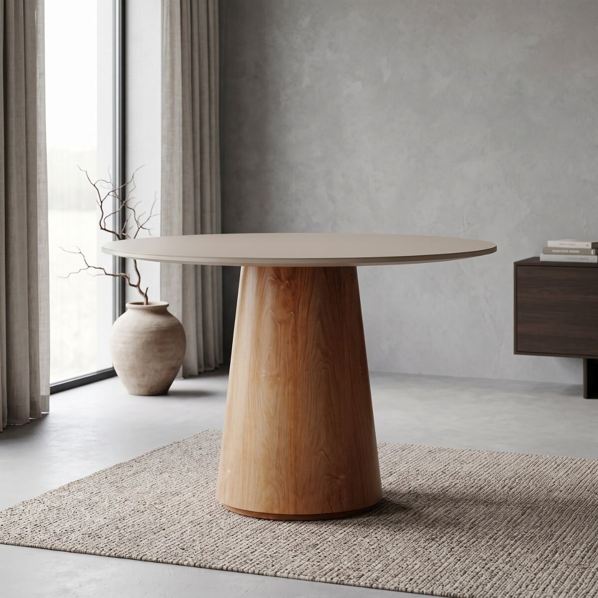 Mesa de Comedor Zara - Redonda con vidrio - 100 - Off White y Canela 