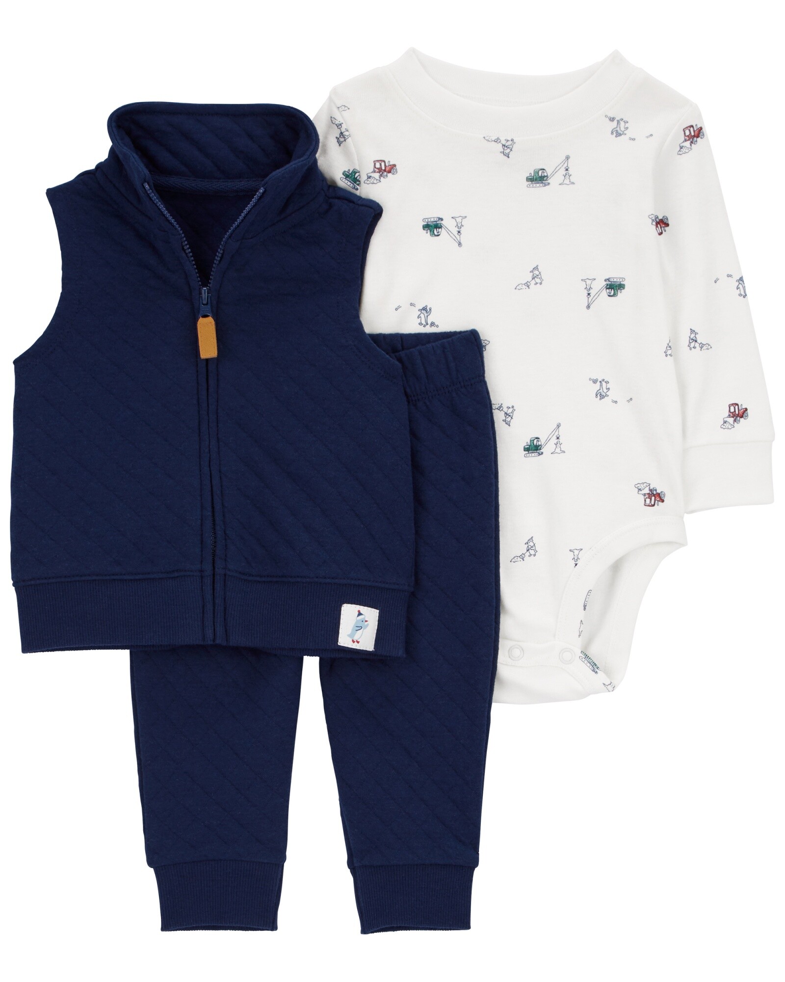 Set tres piezas de algodón, chaleco y pantalón capitoneados, más body, diseño pingüino Sin color
