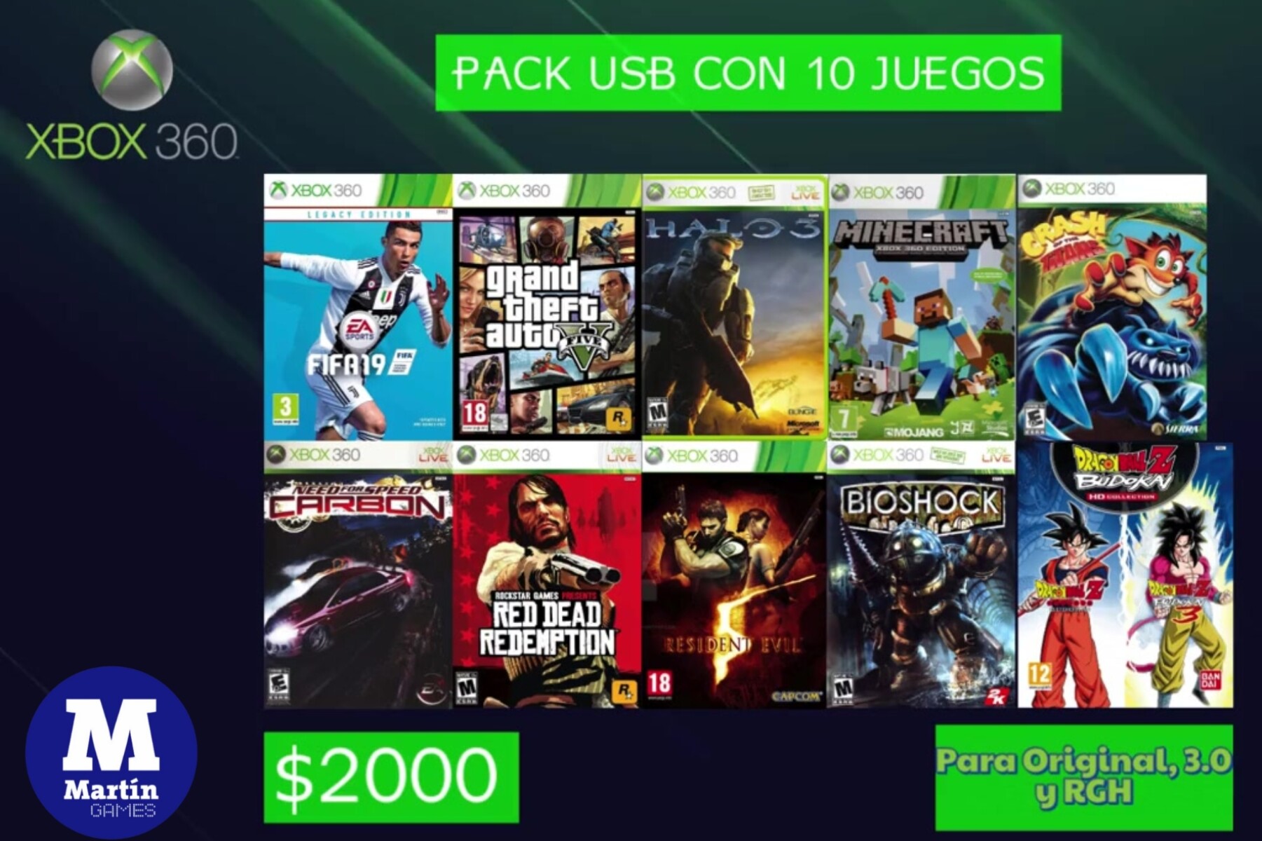 JUEGOS PACK USB XBOX 360 CON 10 JUEGOS 