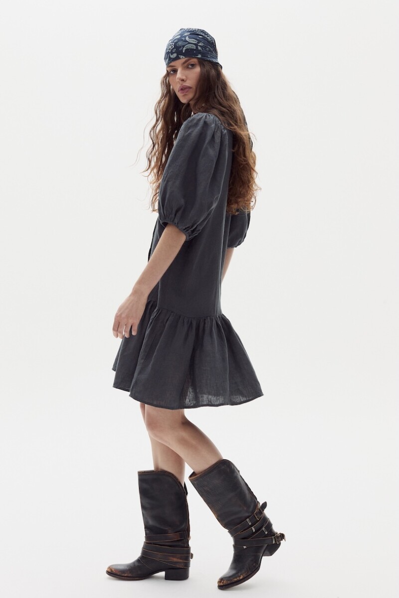 Vestido Carmela en Lino Blue & Ochre Checks