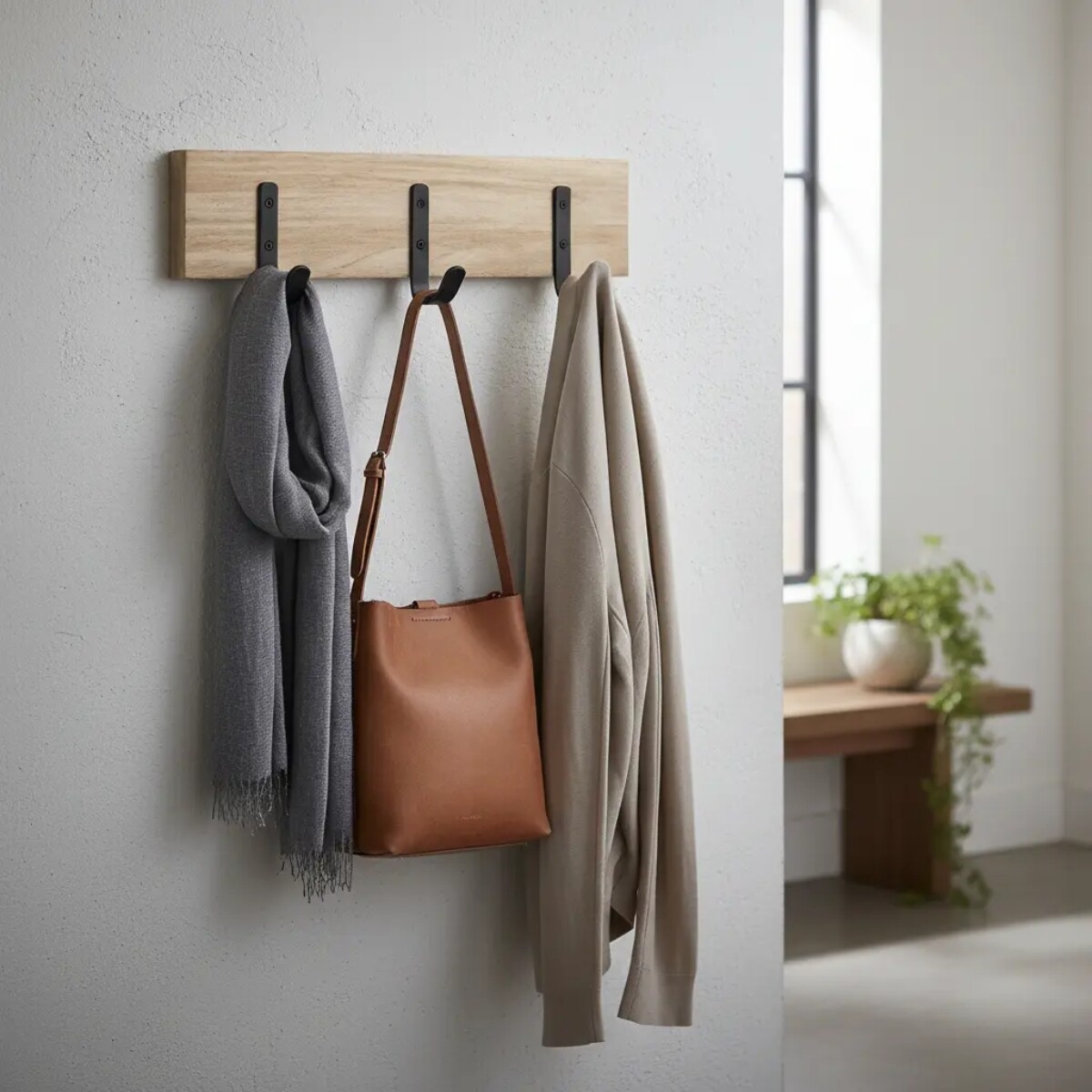 Perchero simple con 3 ganchos - MADERA/NEGRO 