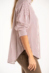 Camisa Rayada Con Lino Burdeos