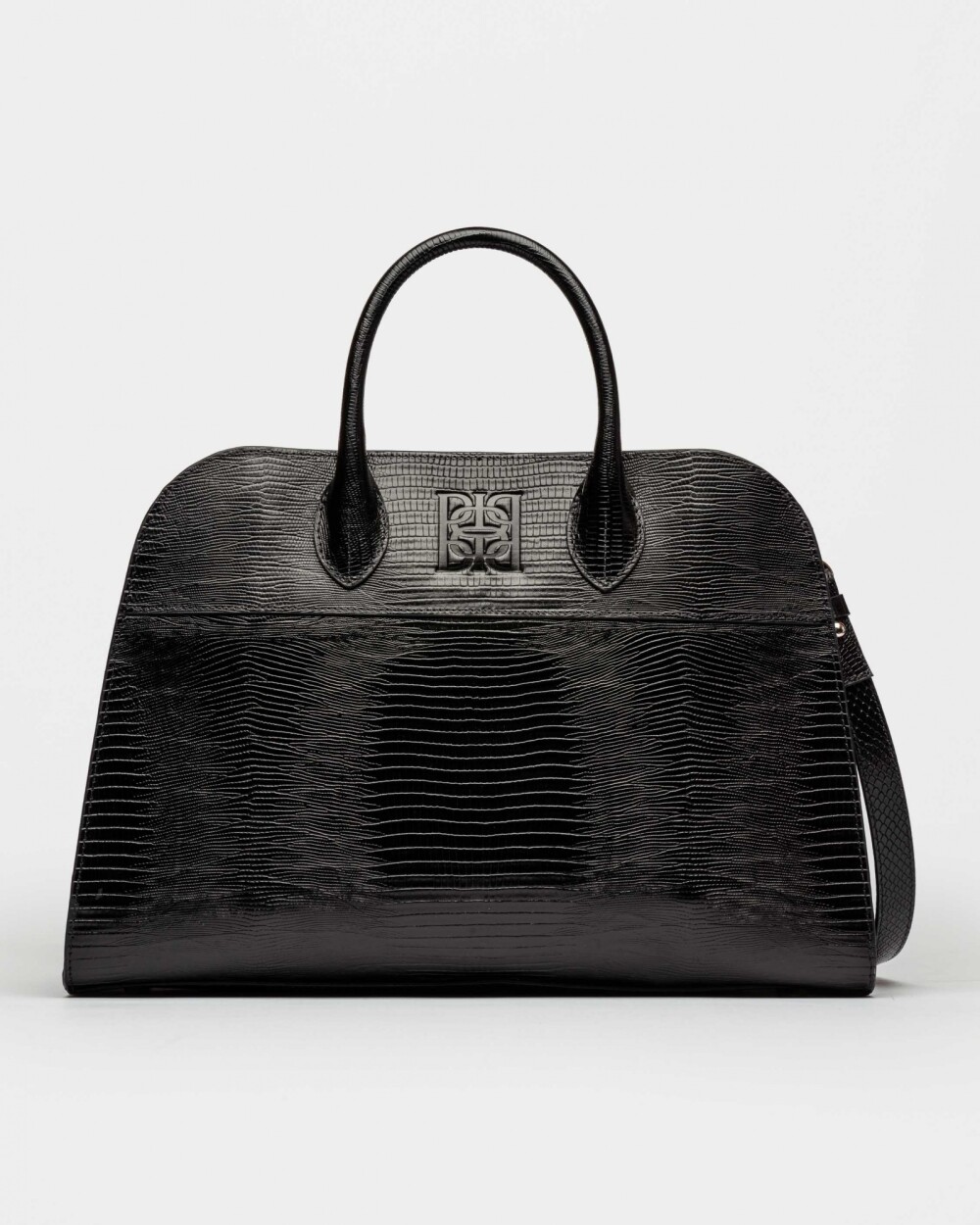 Cartera de Mano The Roots En Cuero Grabado Lagarto Negro