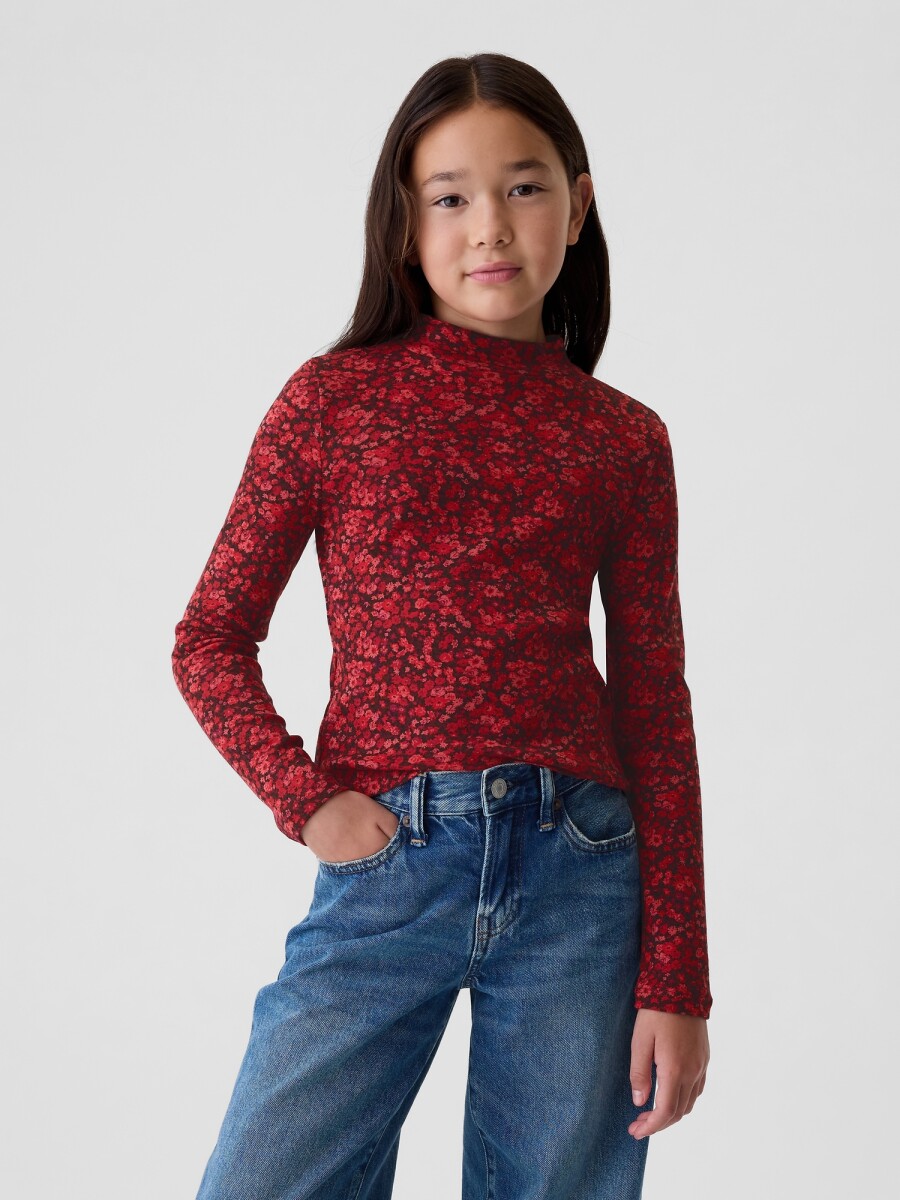 Remera Polera Niña - Red Floral Print 