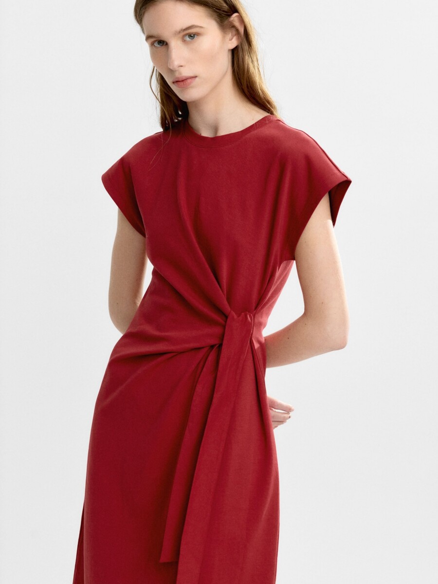 Vestido Drapeado Con Lazo burdeos