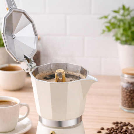 Cafetera italiana con mango simil madera 12 tazas Beige