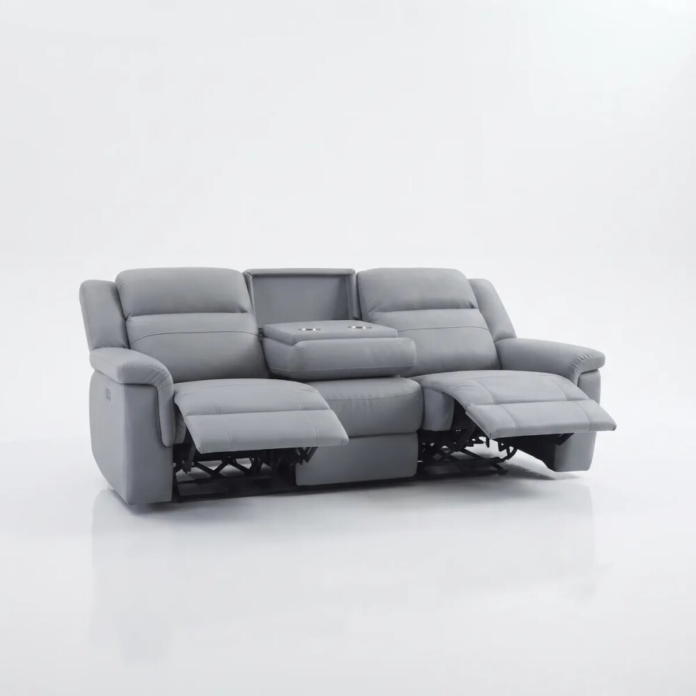 Sillón Sofá Cuero Ecológico 3 Cuerpos Eléctrico Reclinable Gris