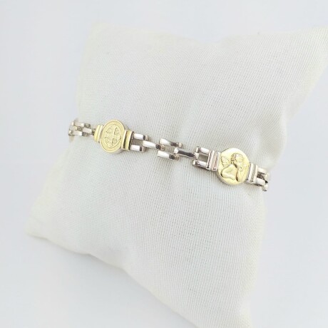 Pulsera religiosa de plata 925 con detalles de double en oro 18Kts modelo panther, Virgen Niña manto, San Benito, Ángel Rafael. Pulsera religiosa de plata 925 con detalles de double en oro 18Kts modelo panther, Virgen Niña manto, San Benito, Ángel Rafael.