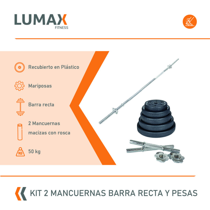Kit 2 Mancuernas + Barra Recta 1.5m + 50 Kilos Pesas 2x10Kg 4x5Kg 4x2.5Kg
