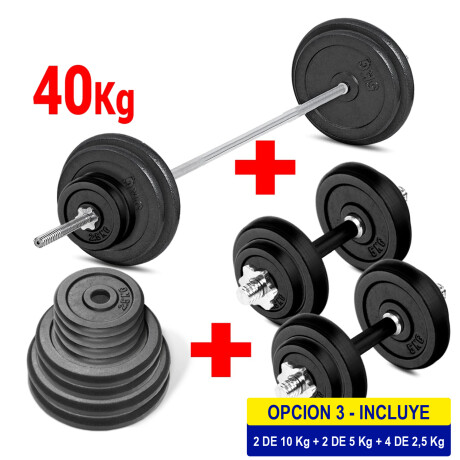 Set 2 Mancuernas + Barra 1.5m + 40k Hierro Compacto 2 de 10kg 2 de 5kg 4 de 2.5kg