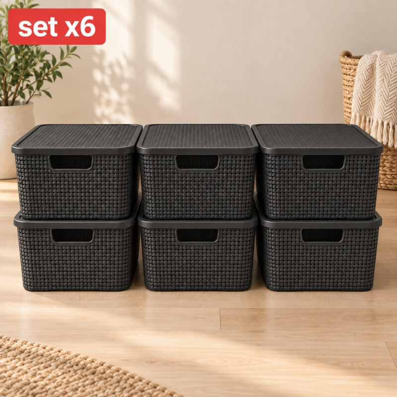 Set x6 caja simil ratán 15 lts NEGRO