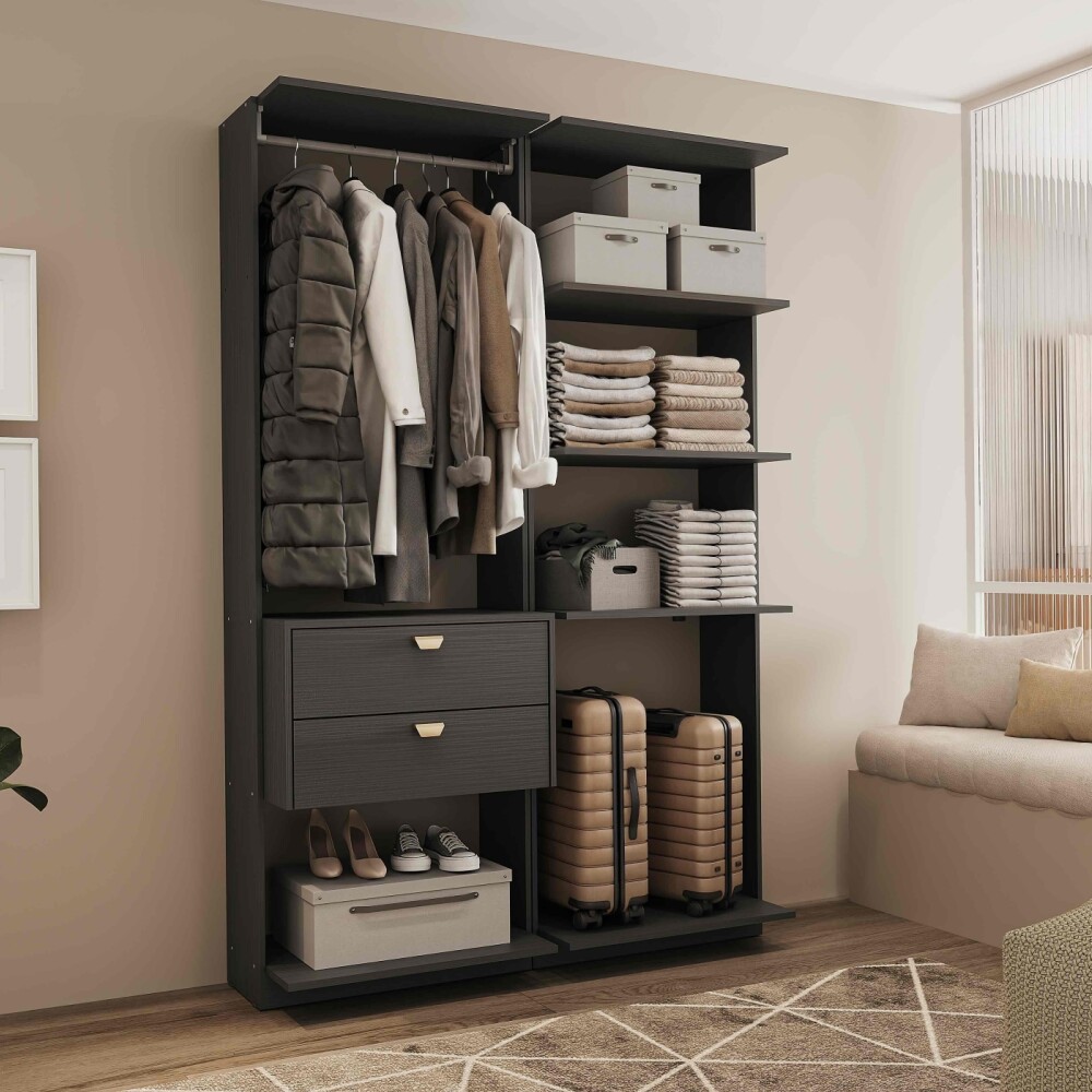 VESTIDOR 2 MÓDULOS - ESTANTES Y 2 CAJONES GUARDARROPA ARMARIO CLOSET PLACARD NEGRO