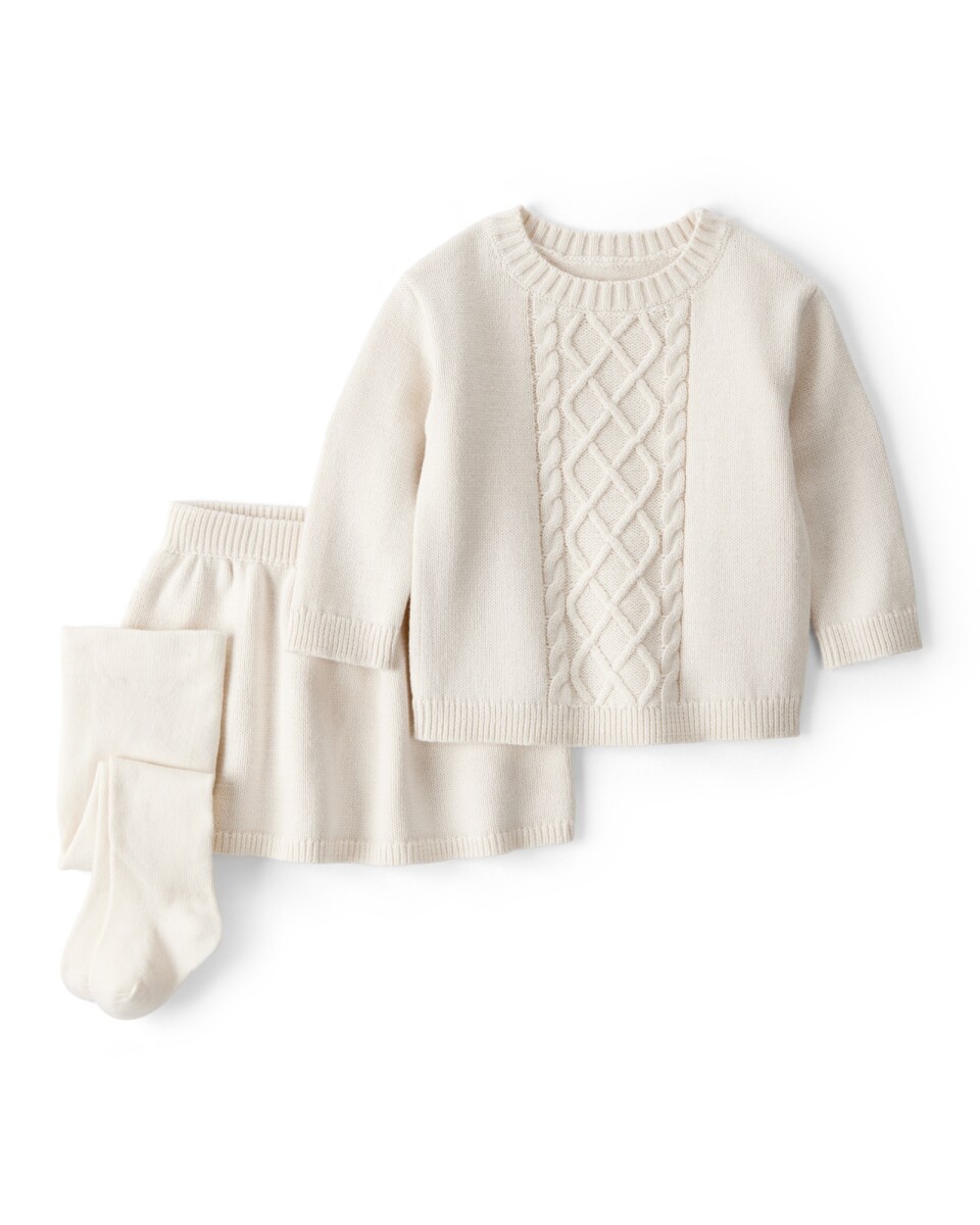 Set tres piezas de algodón, pollera, buzo y medias, crema 