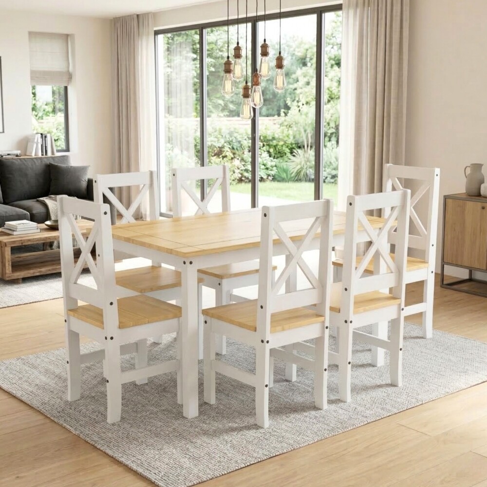 Juego de comedor 6 sillas - Madera maciza - Cruceta Blanco