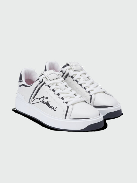 Balmain - Championes acordonados de cuero estampados, B-Court Blanco