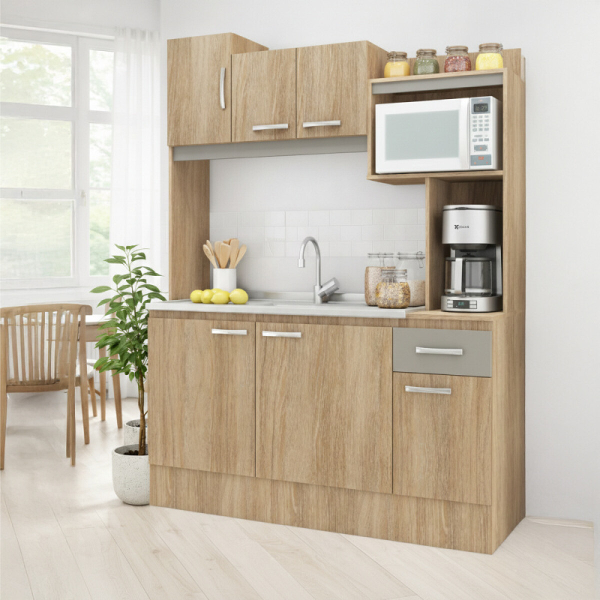 [OUTLET] Kit de cocina compacta 6 puertas 1 cajón Patas Ajustables y Rieles Metálicos 150 x 50 x 190 cm [Falta una pieza] 