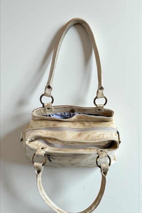 Cartera De Cuero Modelo VITALIA Con Arte Pintado A Mano Color Natu Con Jaspeado Cobre