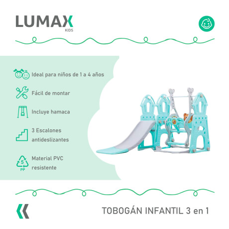 Set Infantil Tobogán 3 En 1 con Hamaca y Aro de Basket Verde/Gris